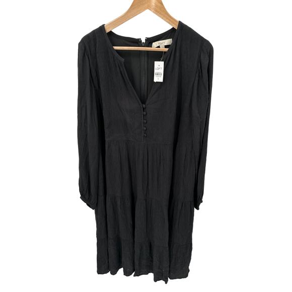 LOFT NWT Black Swing Tiered Button Front Long Sleeve Midi Dress // M - Picture 2 of 8